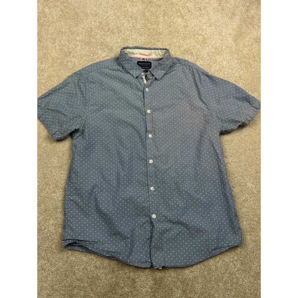 Denim & Flower Men's Shirt L Blue Polka Dot Slim Fit Short Sleeve Button Down